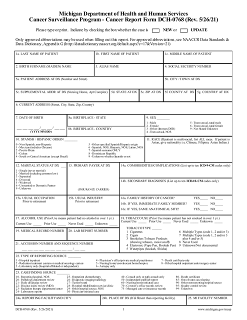 Form DCH-0768 Cancer Report Form - Cancer Surveillance Program - Michigan