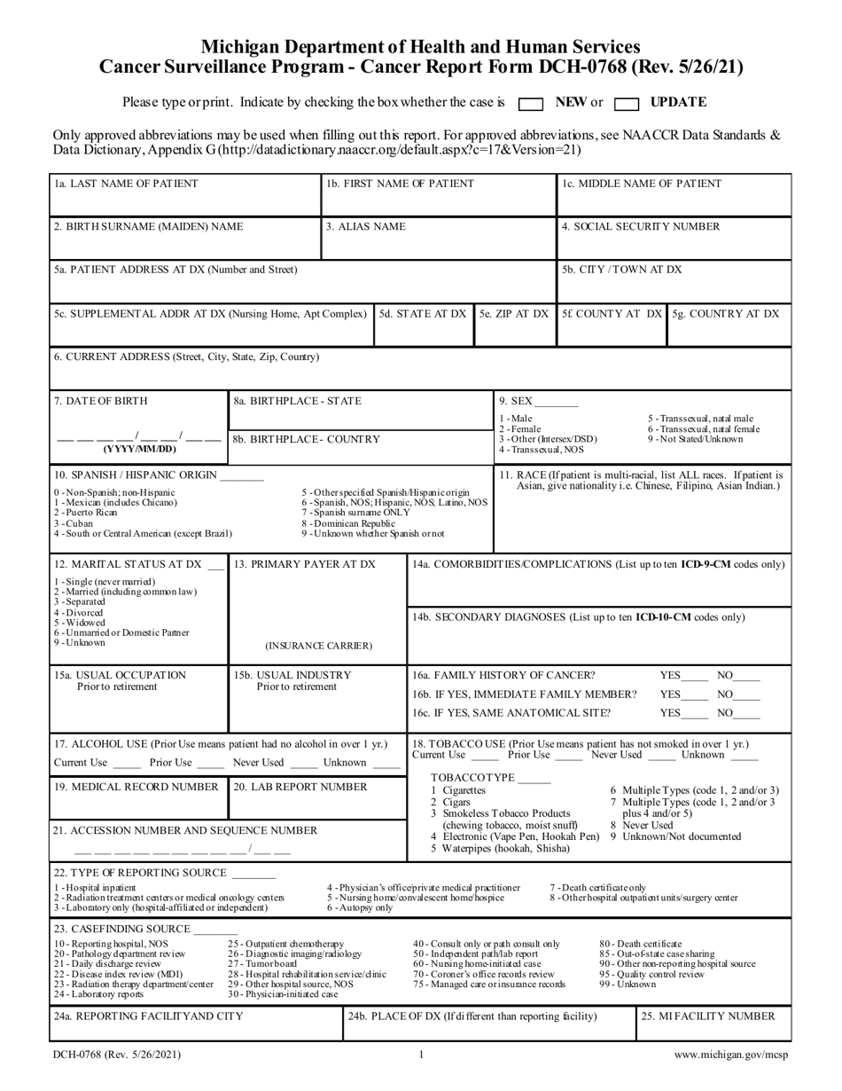 Form DCH-0768 Cancer Report Form - Cancer Surveillance Program - Michigan, Page 1