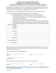 Document preview: Local Administrator Web Plus User Account Request Form and Acknowledgement - Michigan Cancer Surveillance Program - Michigan