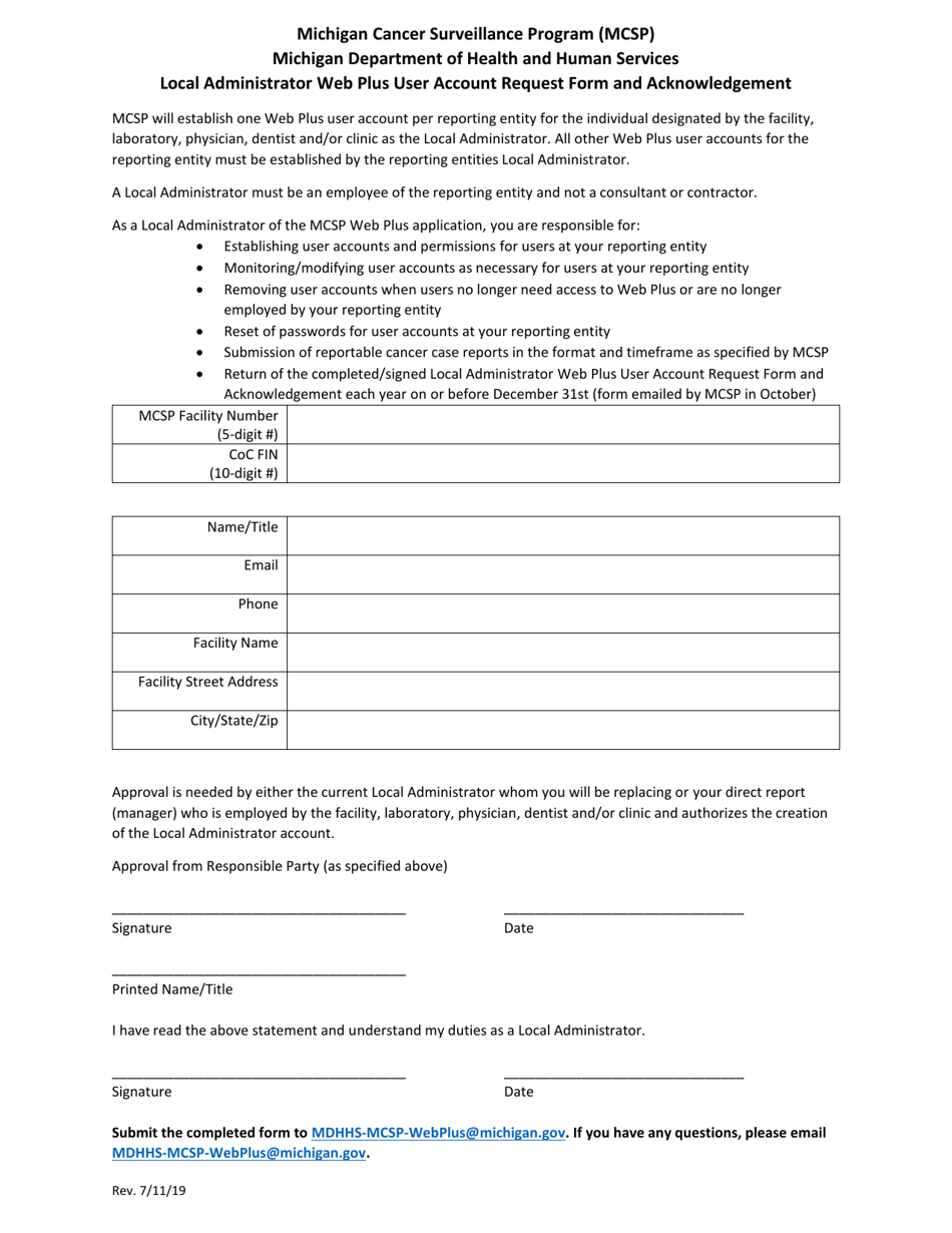 Local Administrator Web Plus User Account Request Form and Acknowledgement - Michigan Cancer Surveillance Program - Michigan, Page 1