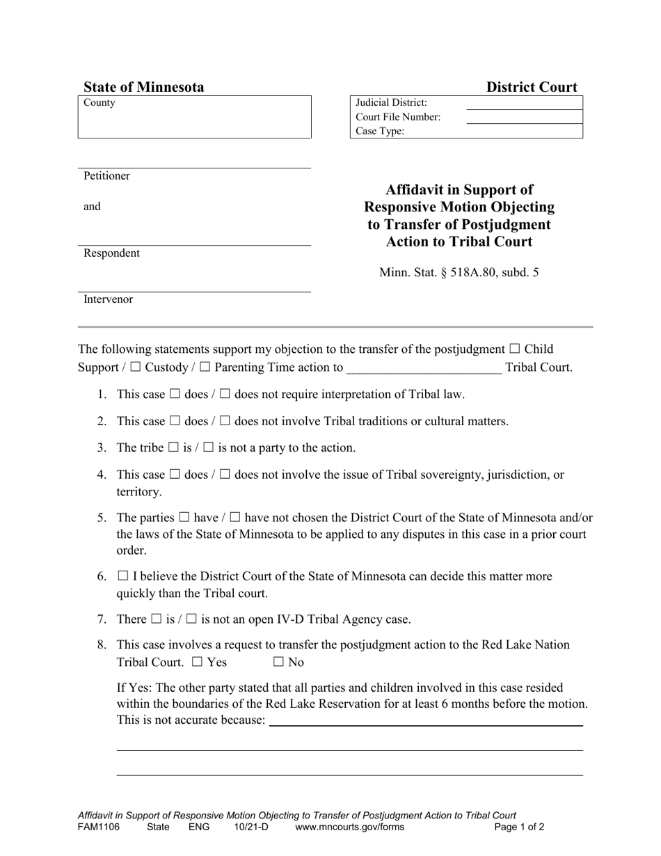 Form FAM1106 Affidavit in Support of Responsive Motion Objecting to Transfer of Postjudgment Action to Tribal Court - Minnesota, Page 1