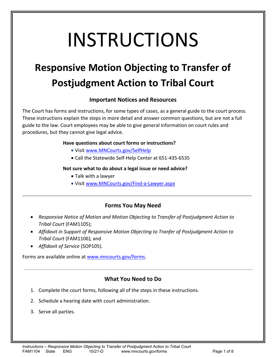 Form FAM1104 Instructions - Responsive Motion Objecting to Transfer of Postjudgment Action to Tribal Court - Minnesota, Page 1