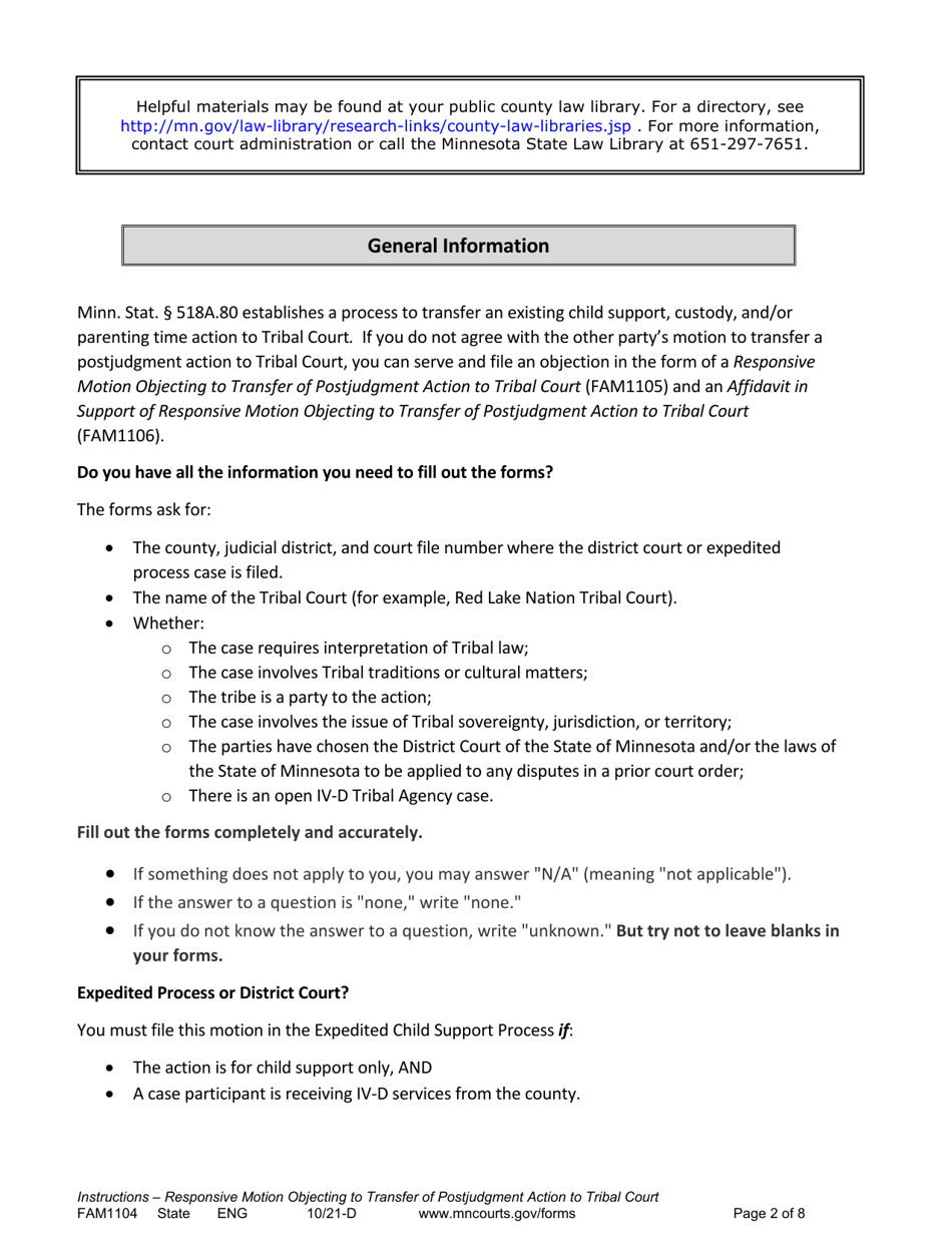 Form FAM1104 Instructions - Responsive Motion Objecting to Transfer of Postjudgment Action to Tribal Court - Minnesota, Page 2