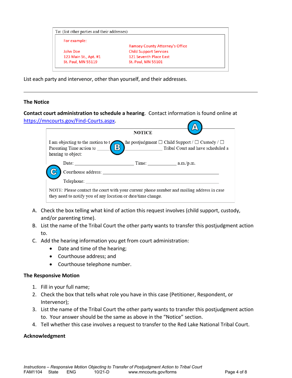 Form FAM1104 Instructions - Responsive Motion Objecting to Transfer of Postjudgment Action to Tribal Court - Minnesota, Page 4