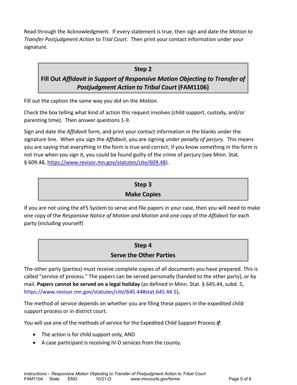 Form FAM1104 Instructions - Responsive Motion Objecting to Transfer of Postjudgment Action to Tribal Court - Minnesota, Page 5