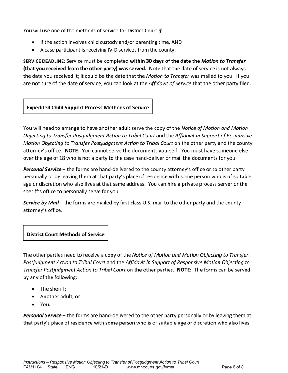 Form FAM1104 Instructions - Responsive Motion Objecting to Transfer of Postjudgment Action to Tribal Court - Minnesota, Page 6