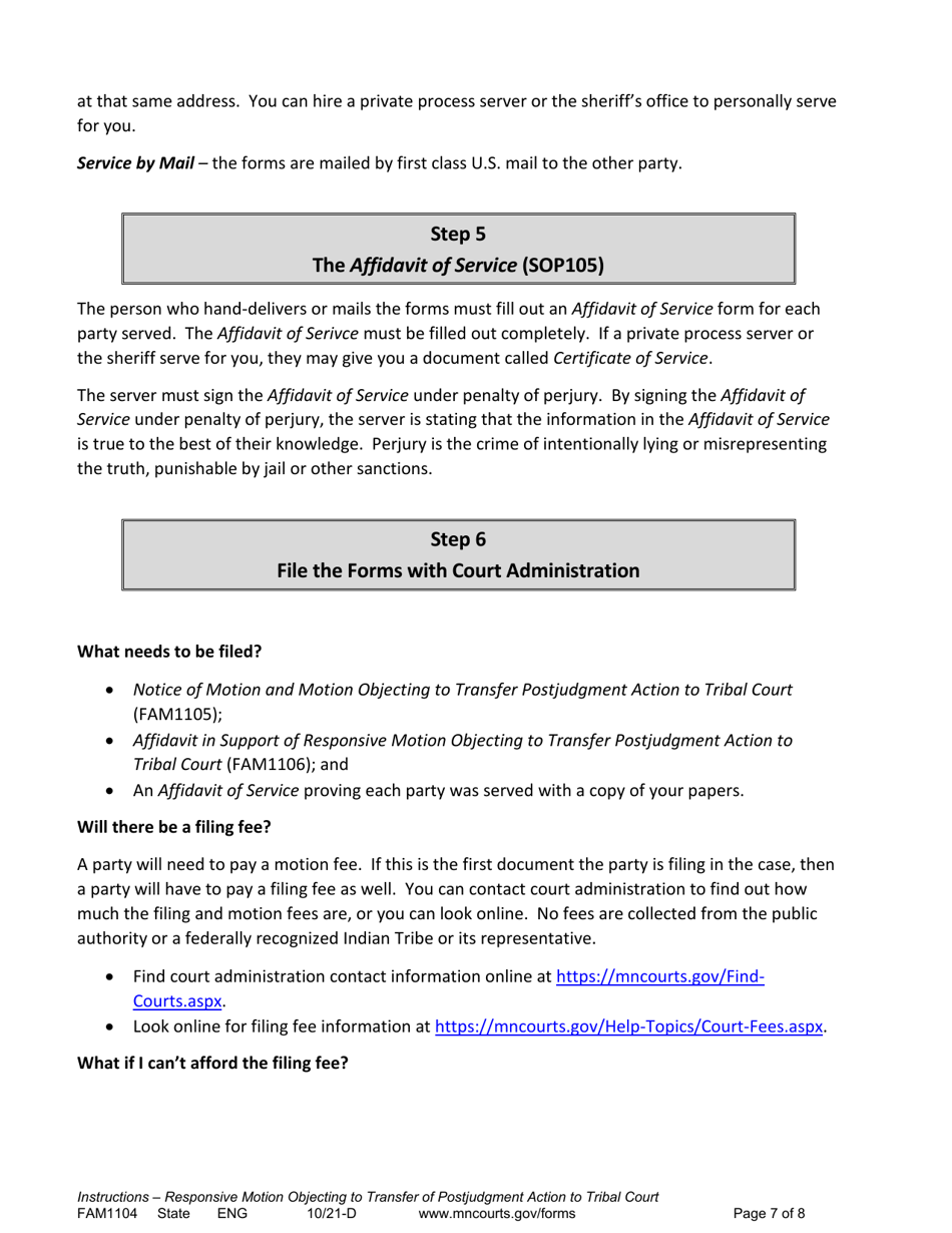 Form FAM1104 Instructions - Responsive Motion Objecting to Transfer of Postjudgment Action to Tribal Court - Minnesota, Page 7