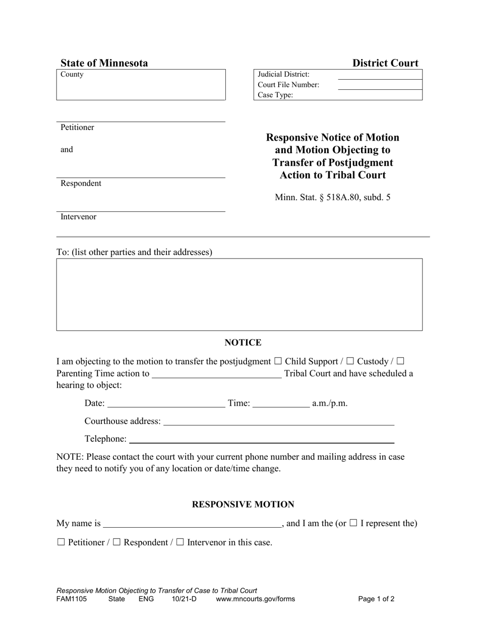 Form FAM1105 Responsive Notice of Motion and Motion Objecting to Transfer of Postjudgment Action to Tribal Court - Minnesota, Page 1