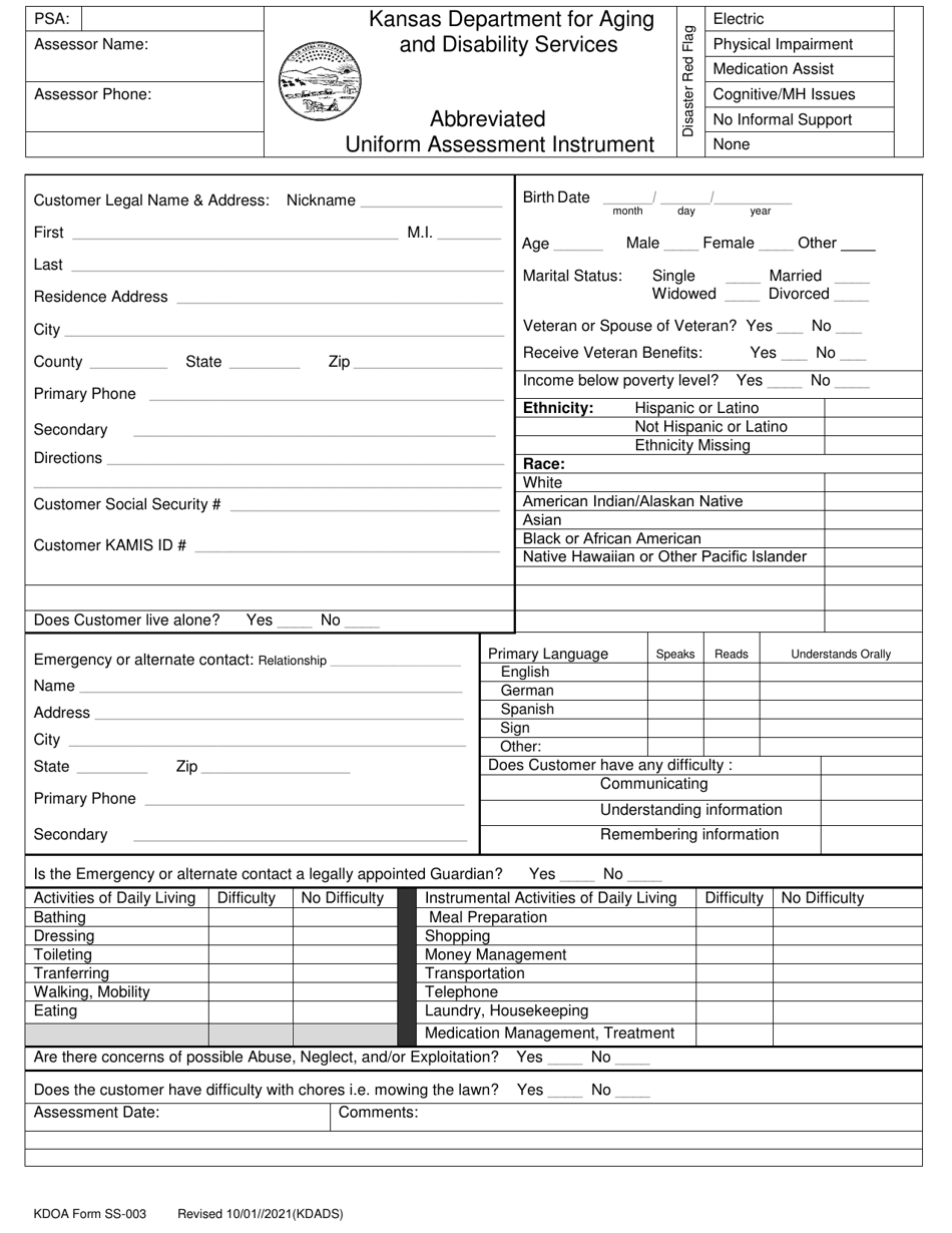 KDADS Form SS-003 Abbreviated Uniform Assessment Instrument - Kansas, Page 1