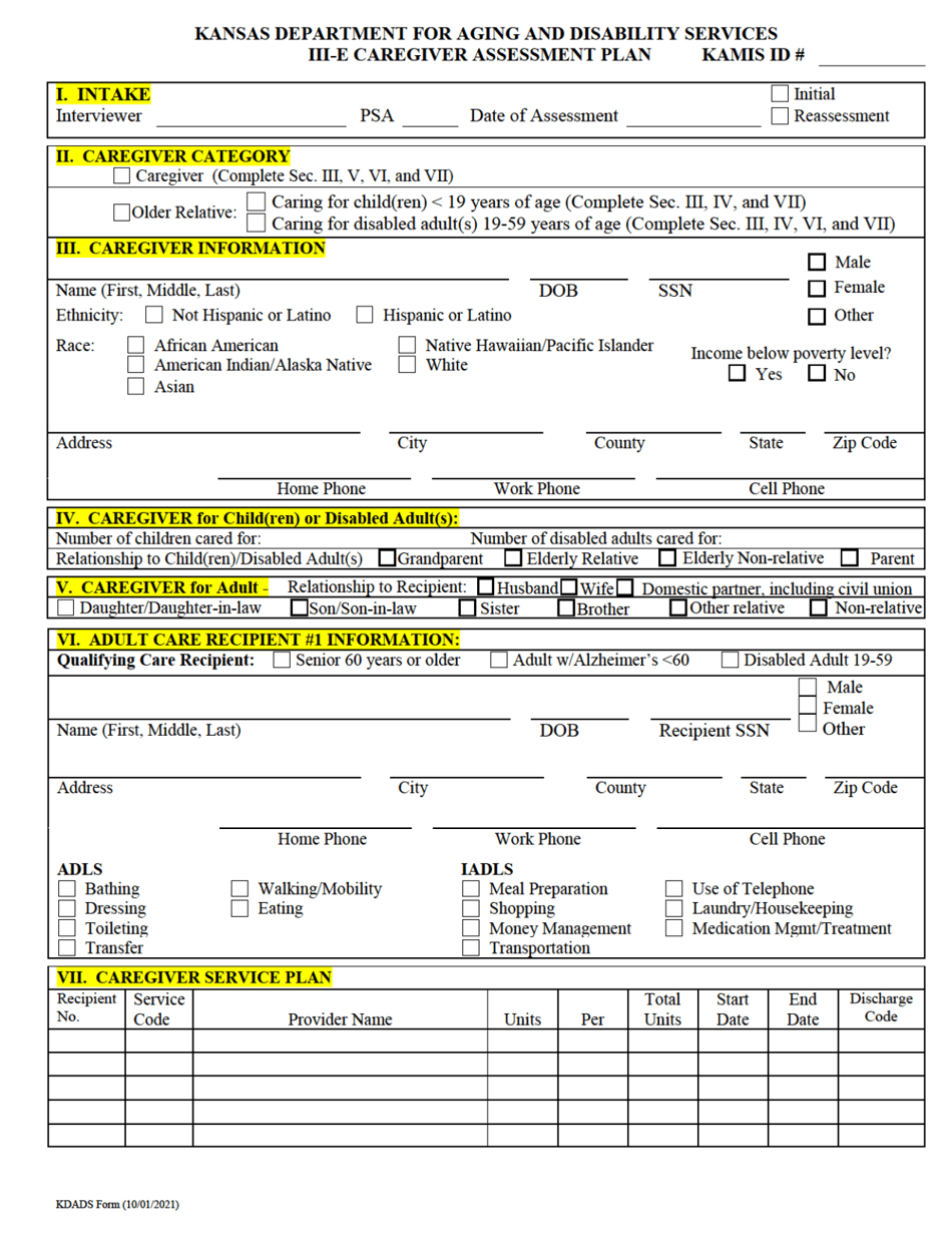 KDADS Form SS-025 Iii-E Caregiver Assessment Plan - Kansas, Page 1