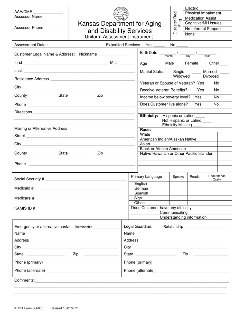 KDADS Form SS-005 Uniform Assessment Instrument - Kansas, Page 1