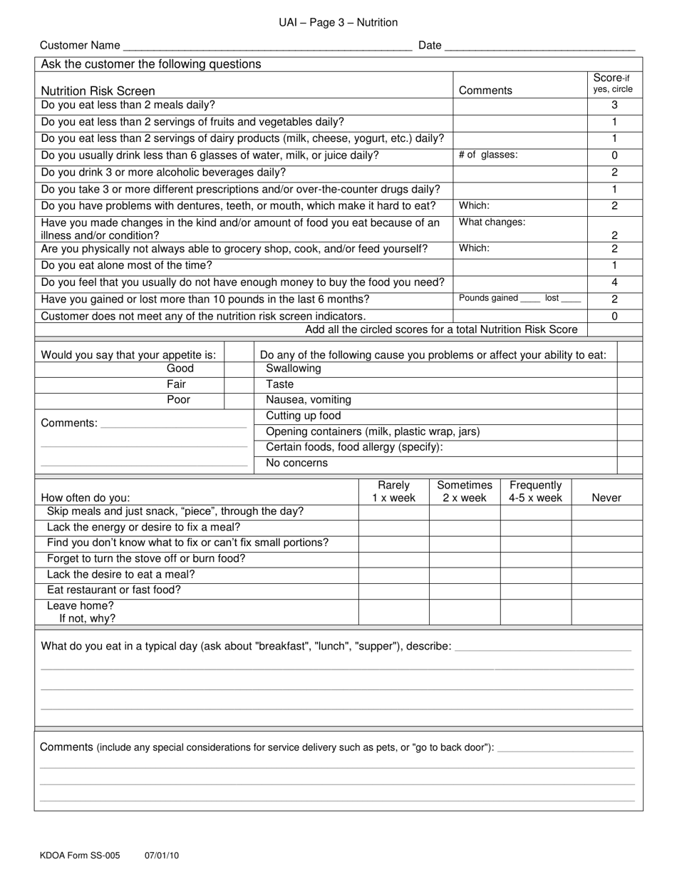 KDADS Form SS-005 Uniform Assessment Instrument - Kansas, Page 3