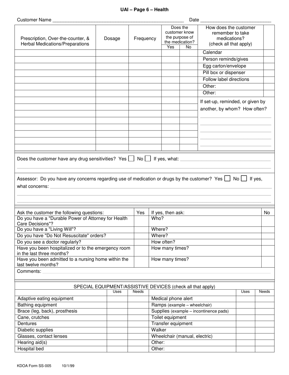 KDADS Form SS-005 Uniform Assessment Instrument - Kansas, Page 6