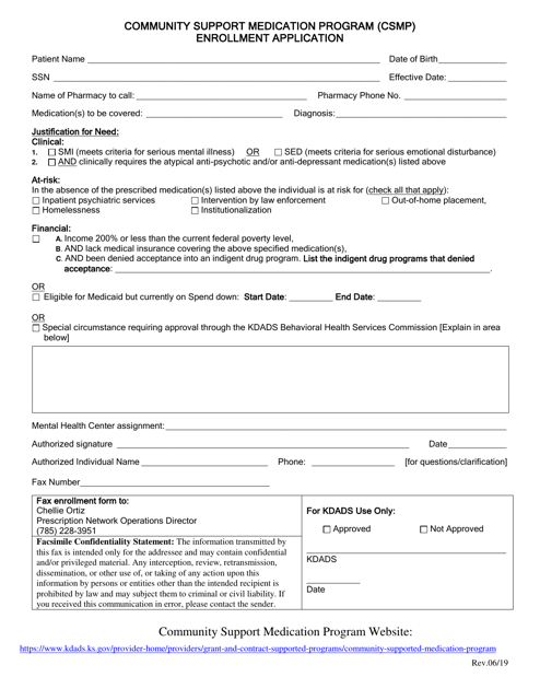 Community Support Medication Program (Csmp) Enrollment Application - Kansas Download Pdf