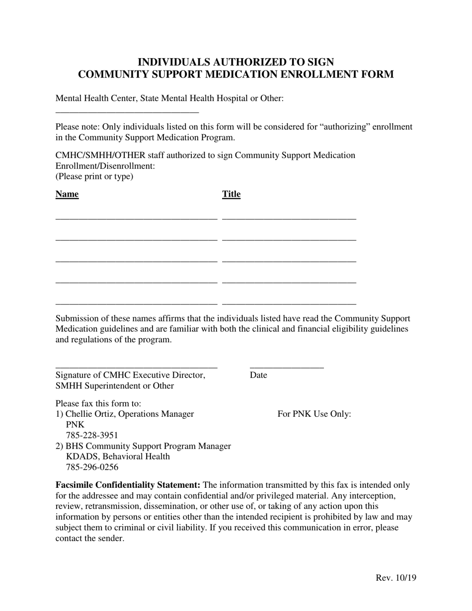Individuals Authorized to Sign Community Support Medication Enrollment Form - Kansas, Page 1