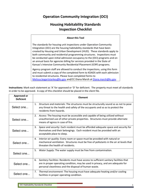 Operation Community Integration (Oci) Housing Habitability Standards Inspection Checklist - Kansas Download Pdf