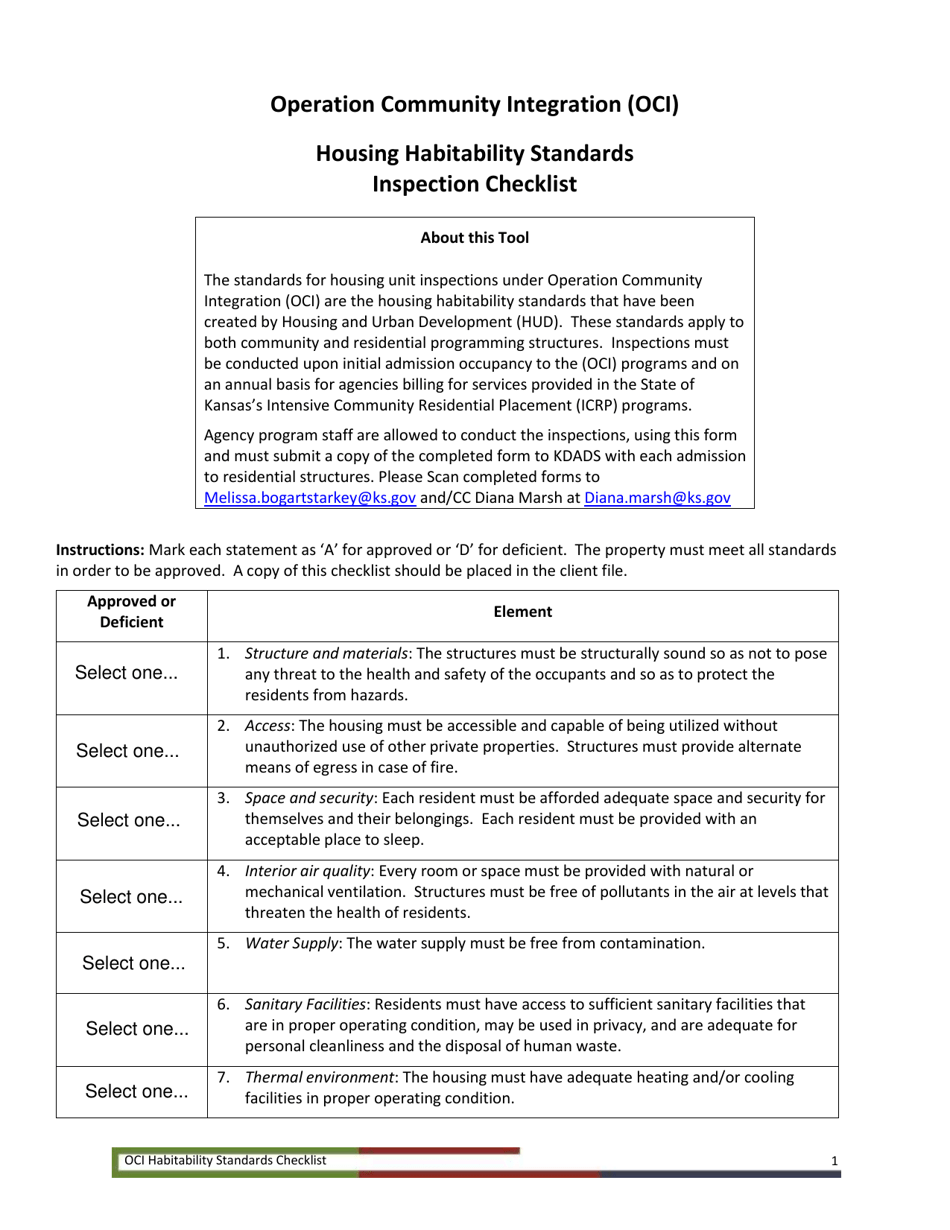 Operation Community Integration (Oci) Housing Habitability Standards Inspection Checklist - Kansas, Page 1