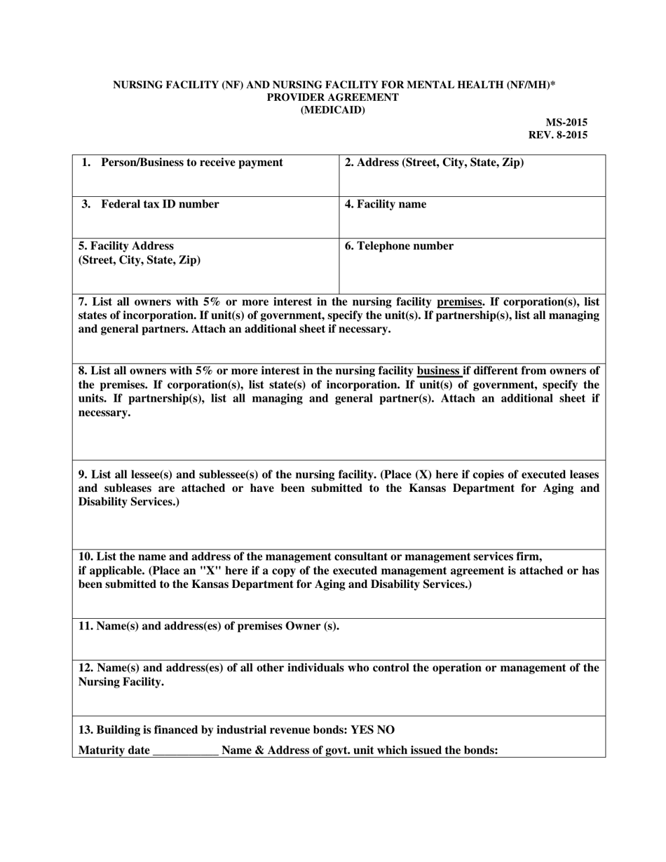 Form MS-2015 Nursing Facility Provider Agreement - Kansas, Page 1