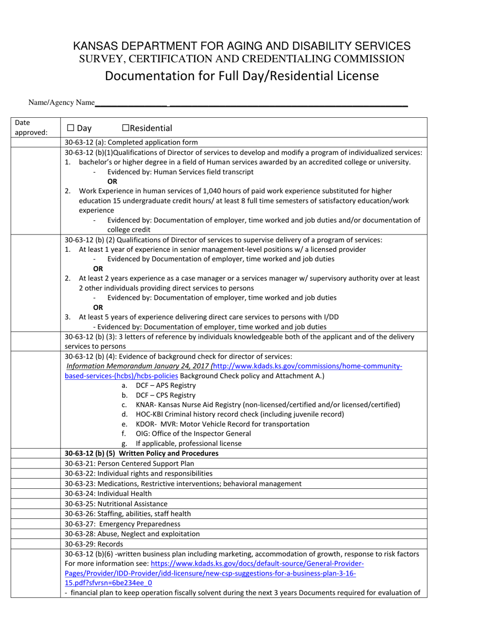 Documentation for Full Day / Residential License - Kansas, Page 1
