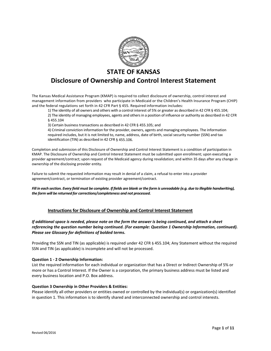 Disclosure of Ownership and Control Interest Statement - Kansas, Page 1