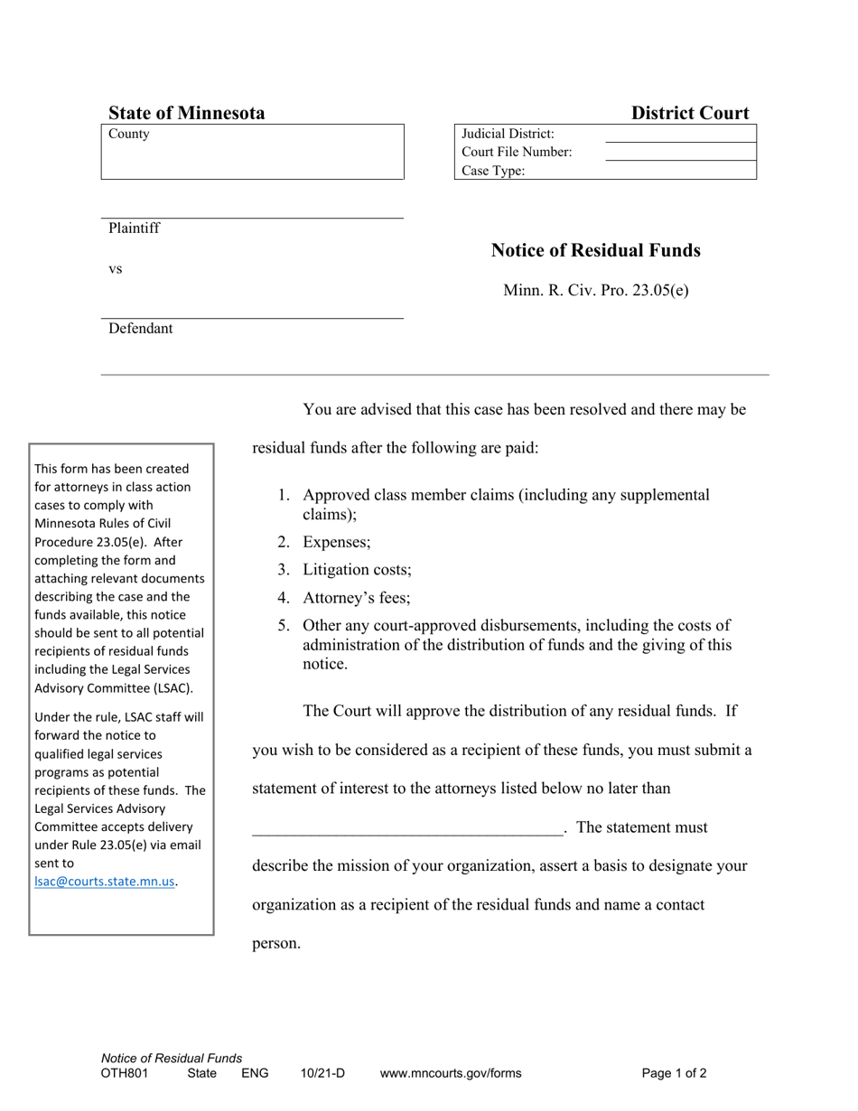 Form OTH801 Notice of Residual Funds - Minnesota, Page 1