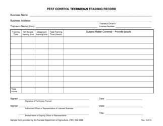 Document preview: Pest Control Technician Training Record - Kansas