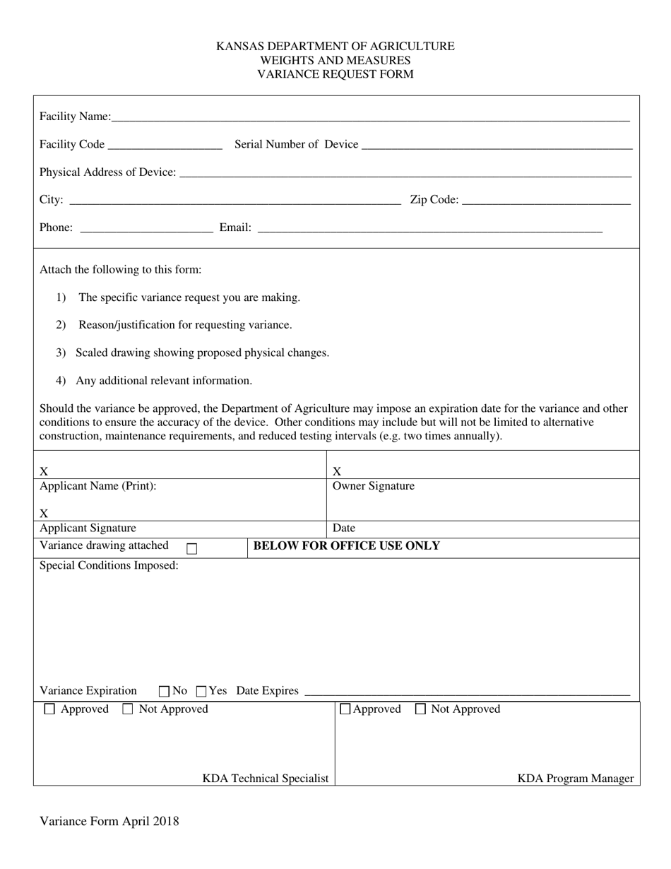 Variance Request Form - Kansas, Page 1