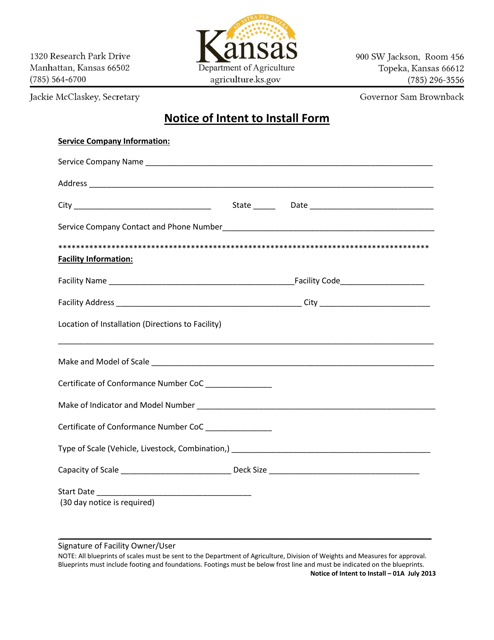 Notice of Intent to Install Form - Kansas Download Pdf