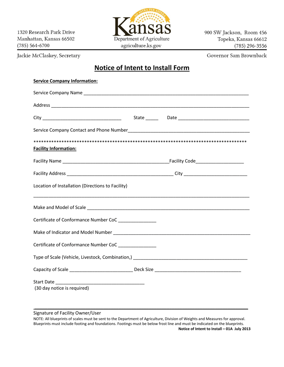 Notice of Intent to Install Form - Kansas, Page 1