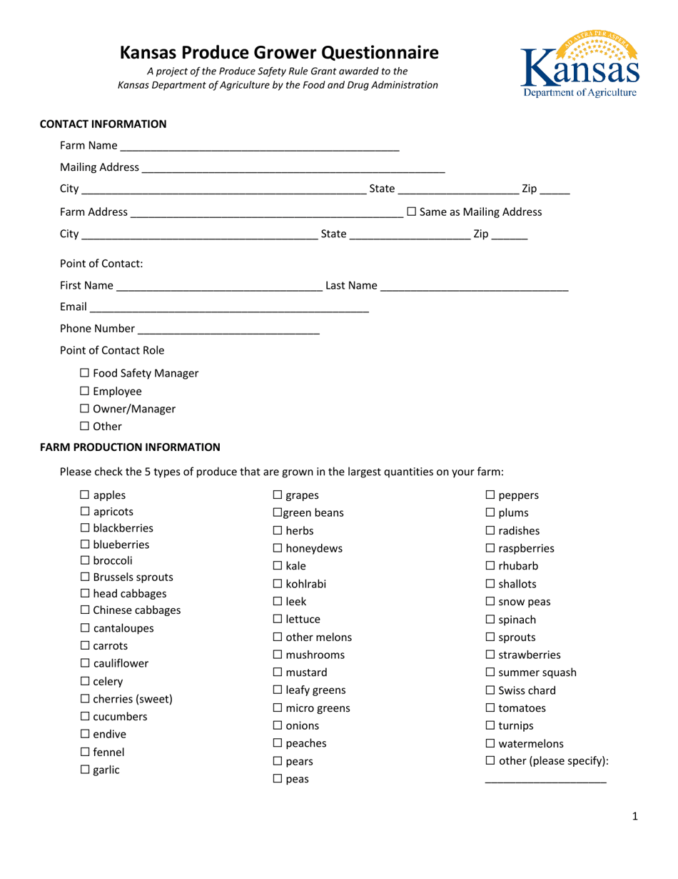 Kansas Produce Grower Questionnaire - Kansas, Page 1