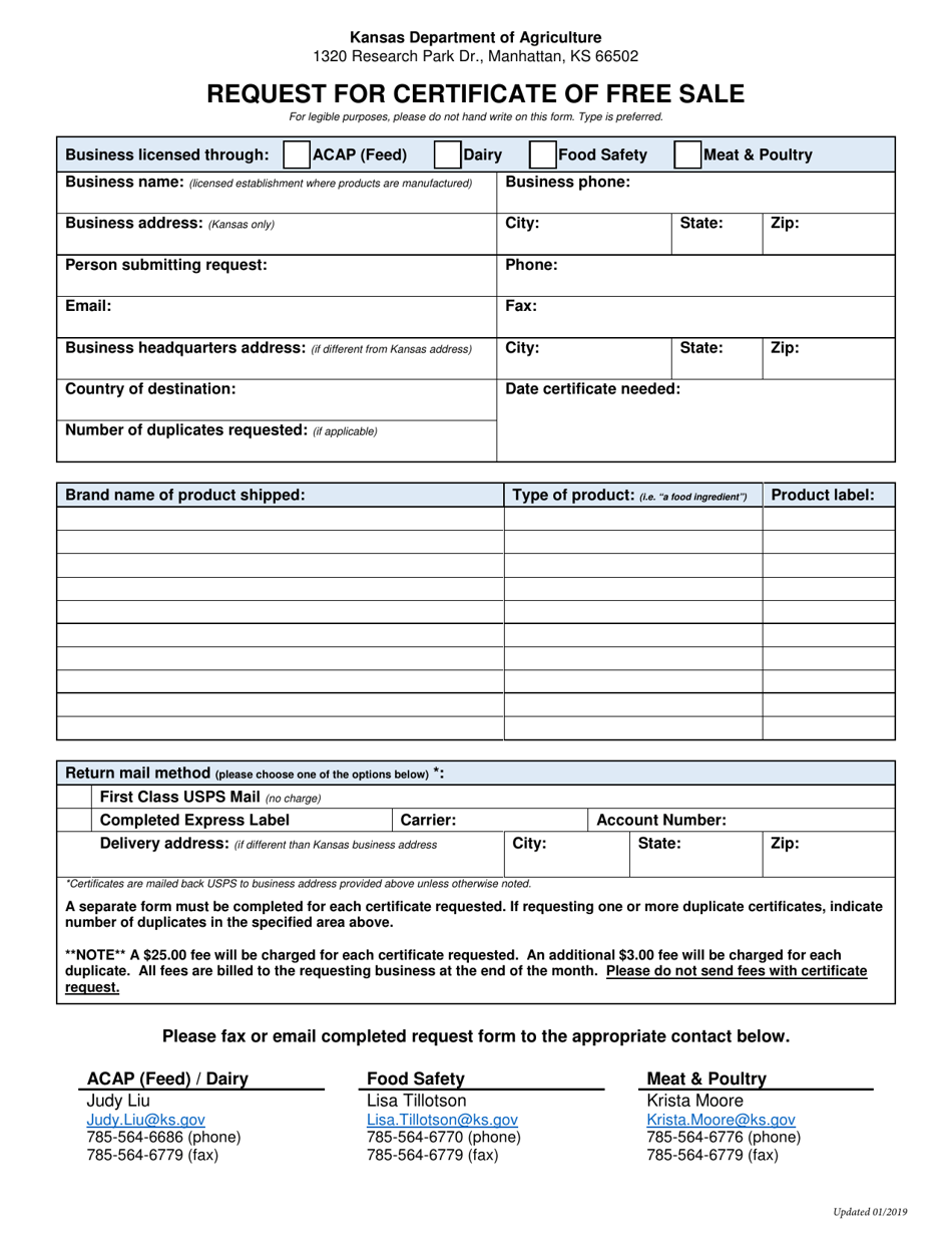 Request for Certificate of Free Sale - Kansas, Page 1