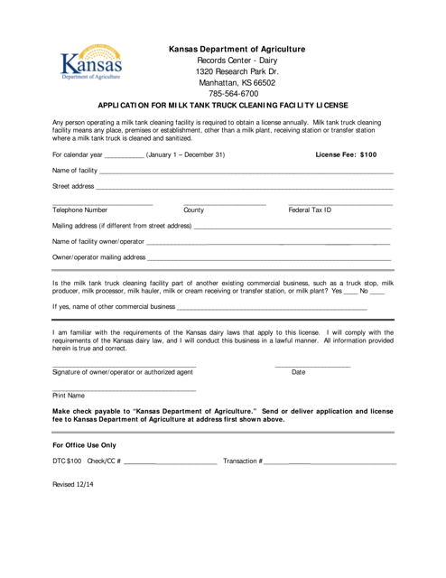 Application for Milk Tank Truck Cleaning Facility License - Kansas Download Pdf