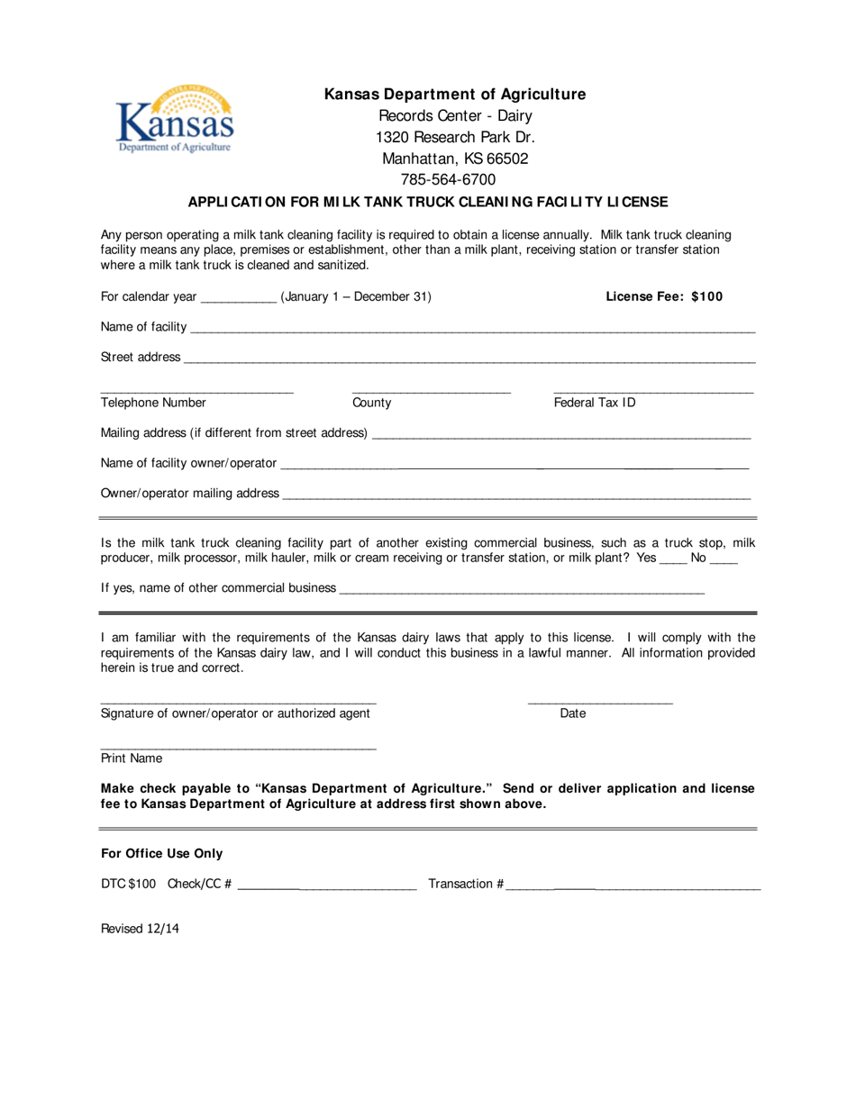 Application for Milk Tank Truck Cleaning Facility License - Kansas, Page 1