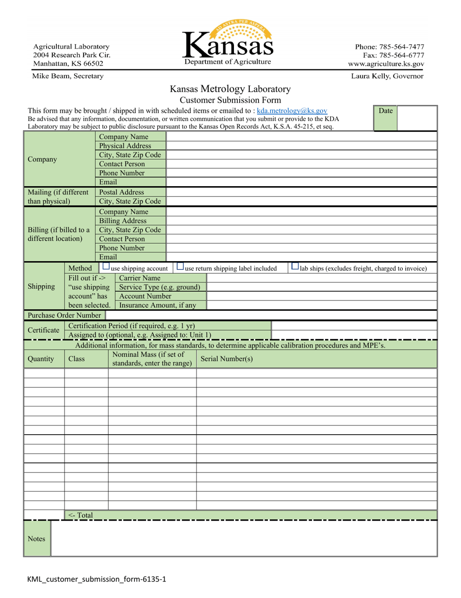 Form 6135-1 Kansas Metrology Laboratory Customer Submission Form - Kansas, Page 1