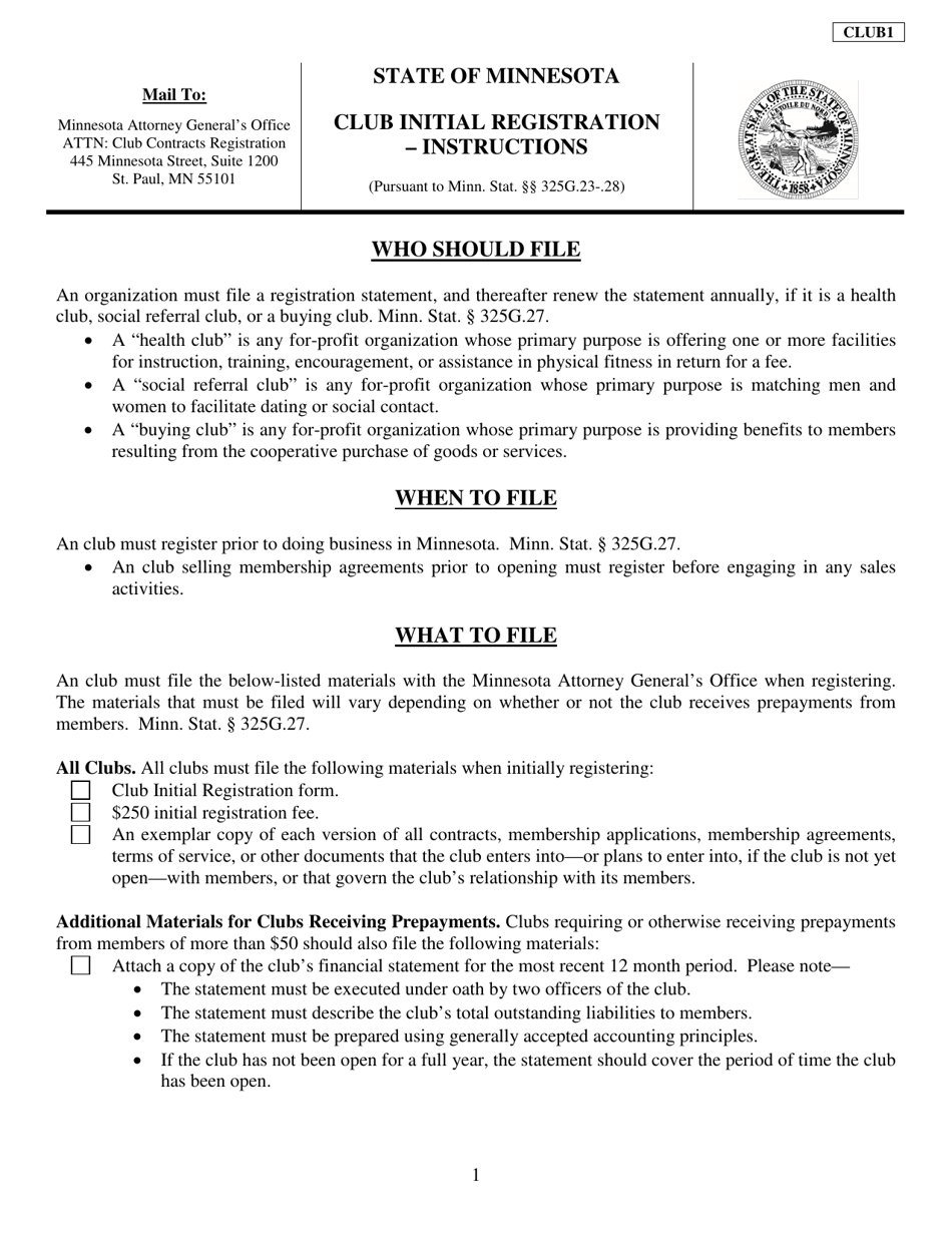 Form CLUB1 Club Initial Registration - Minnesota, Page 1