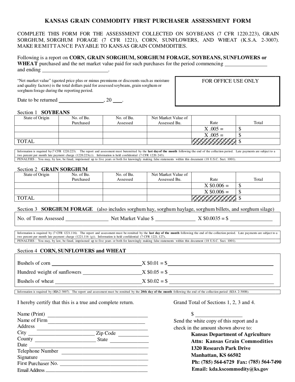 Kansas Grain Commodity First Purchaser Assessment Form - Kansas, Page 1