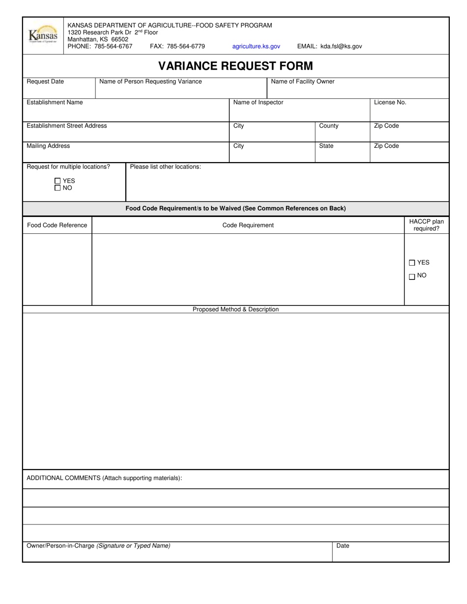 Variance Request Form - Kansas, Page 1