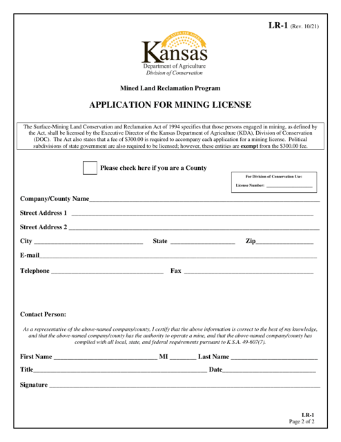 Form LR-1 Application for Mining License - Kansas