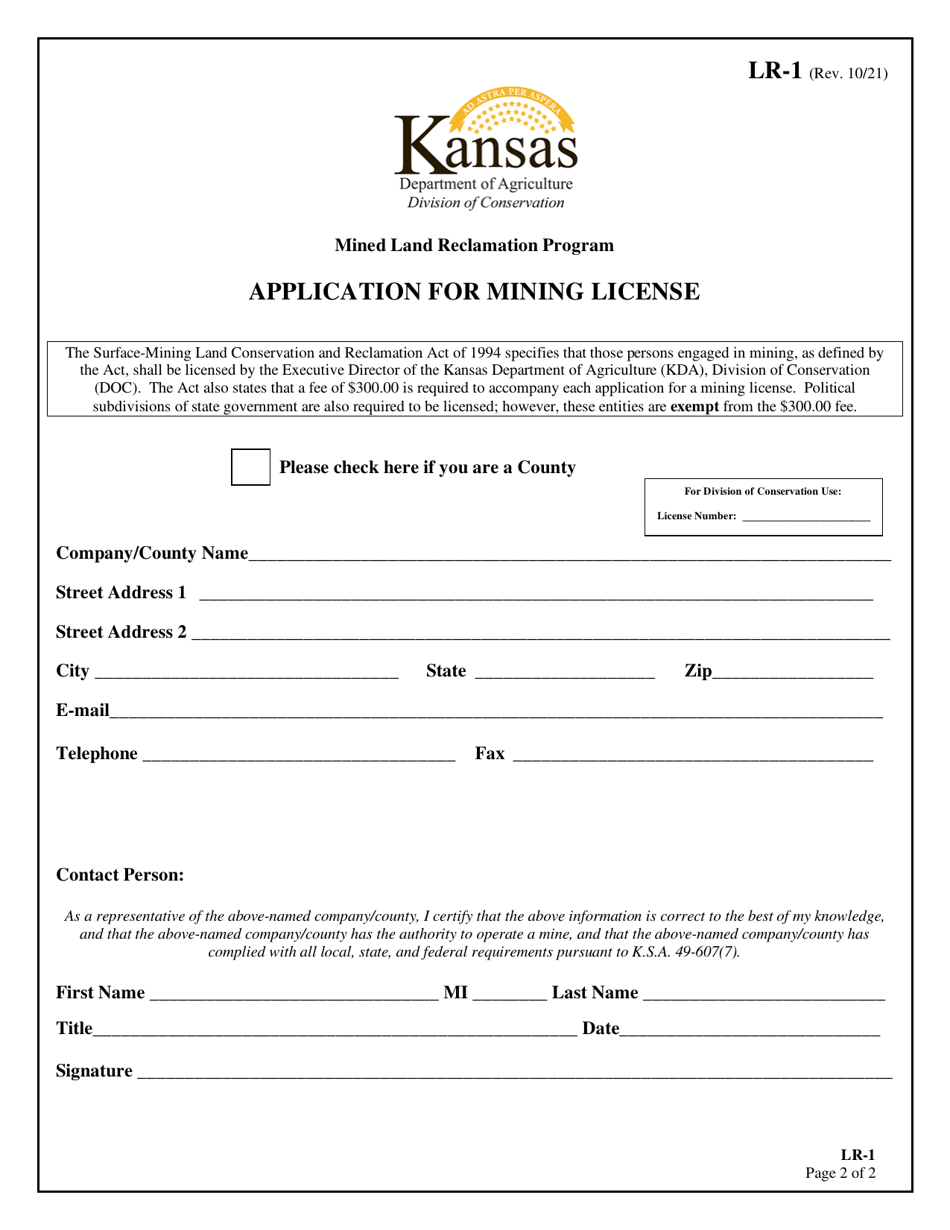 Form LR-1 Application for Mining License - Kansas, Page 1