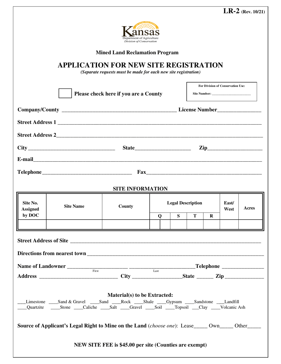 Form LR-2 Application for New Site Registration - Kansas, Page 1