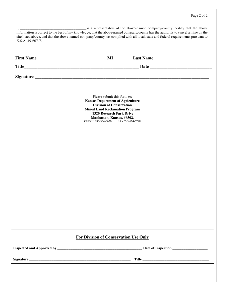 Form LR-6 Cancellation of Mine Site Registration - Kansas, Page 2