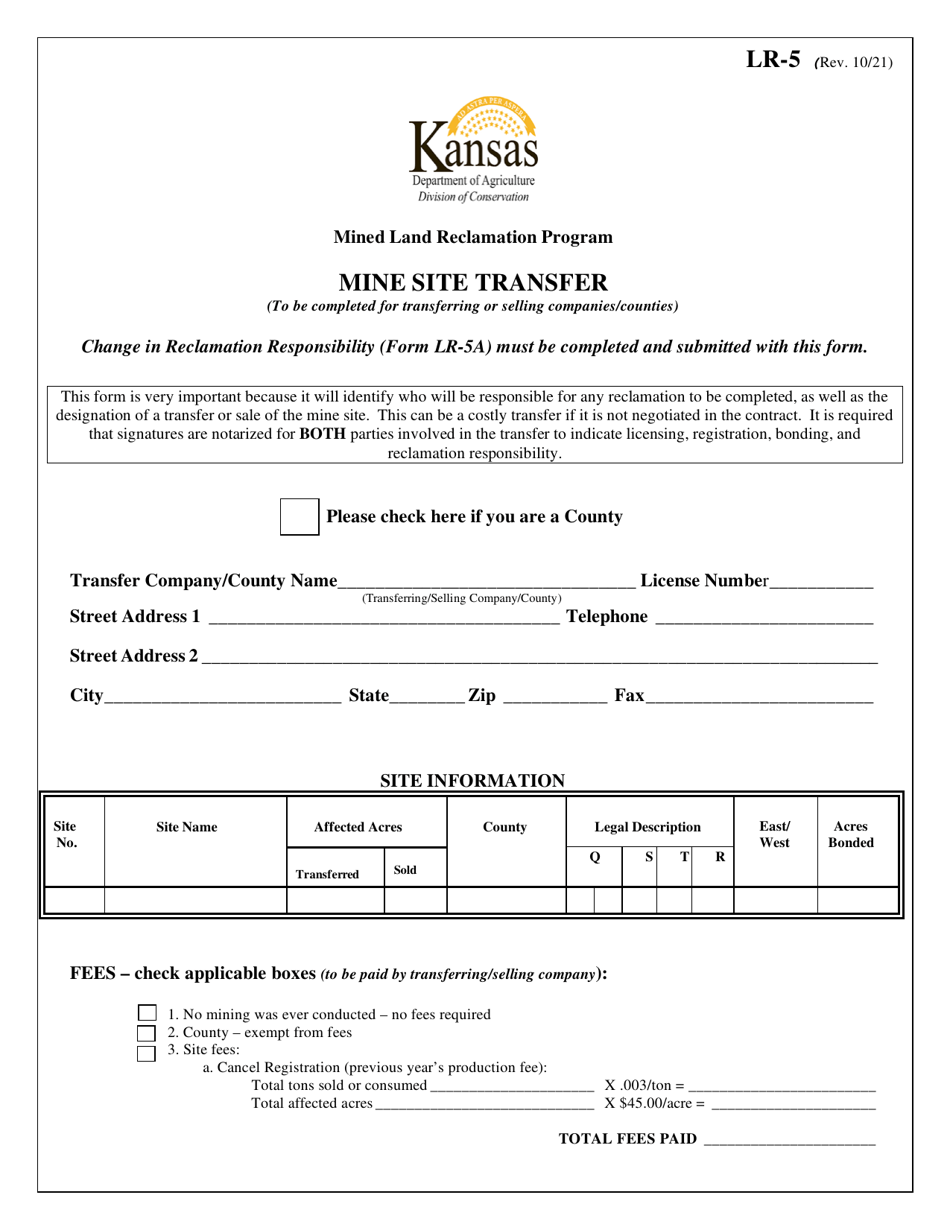 Form LR-5 Mine Site Transfer - Kansas, Page 1
