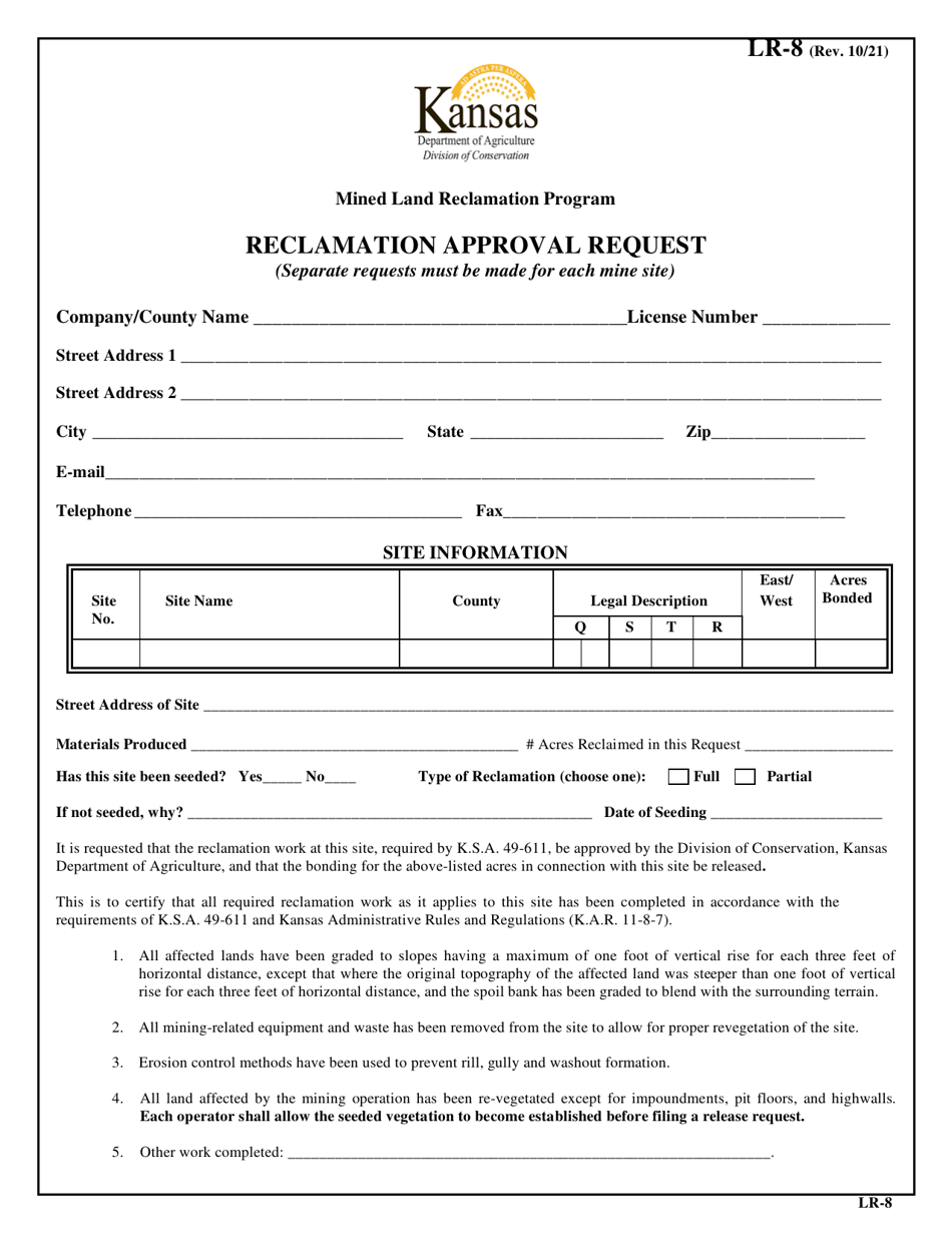 Form LR-8 Reclamation Approval Request - Kansas, Page 1
