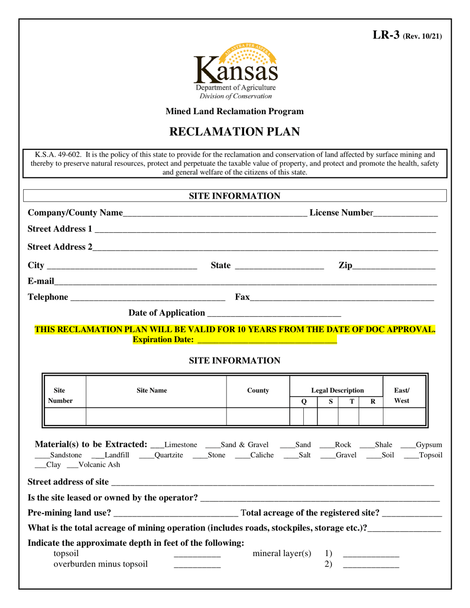 Form LR-3 Reclamation Plan - Kansas, Page 1