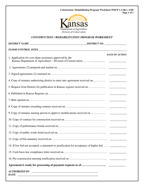 Form WDCP1-3 Construction/Rehabilitation Program Worksheet - Kansas