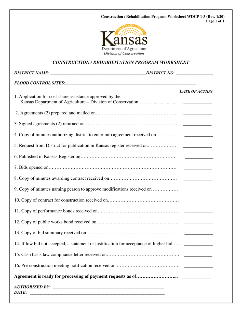 Form WDCP1-3 Construction / Rehabilitation Program Worksheet - Kansas, Page 1