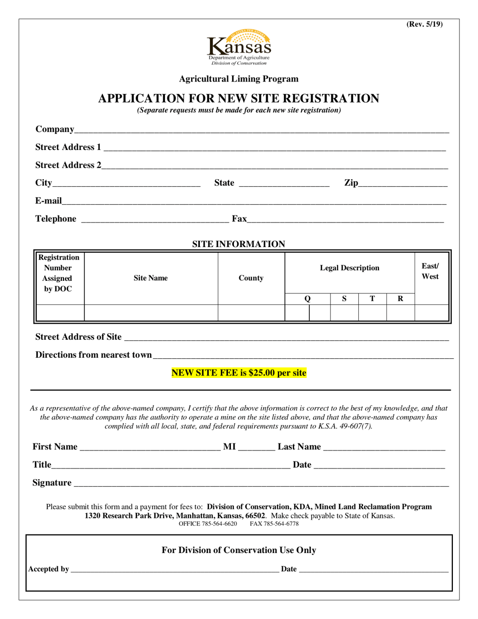 Application for New Site Registration - Kansas, Page 1
