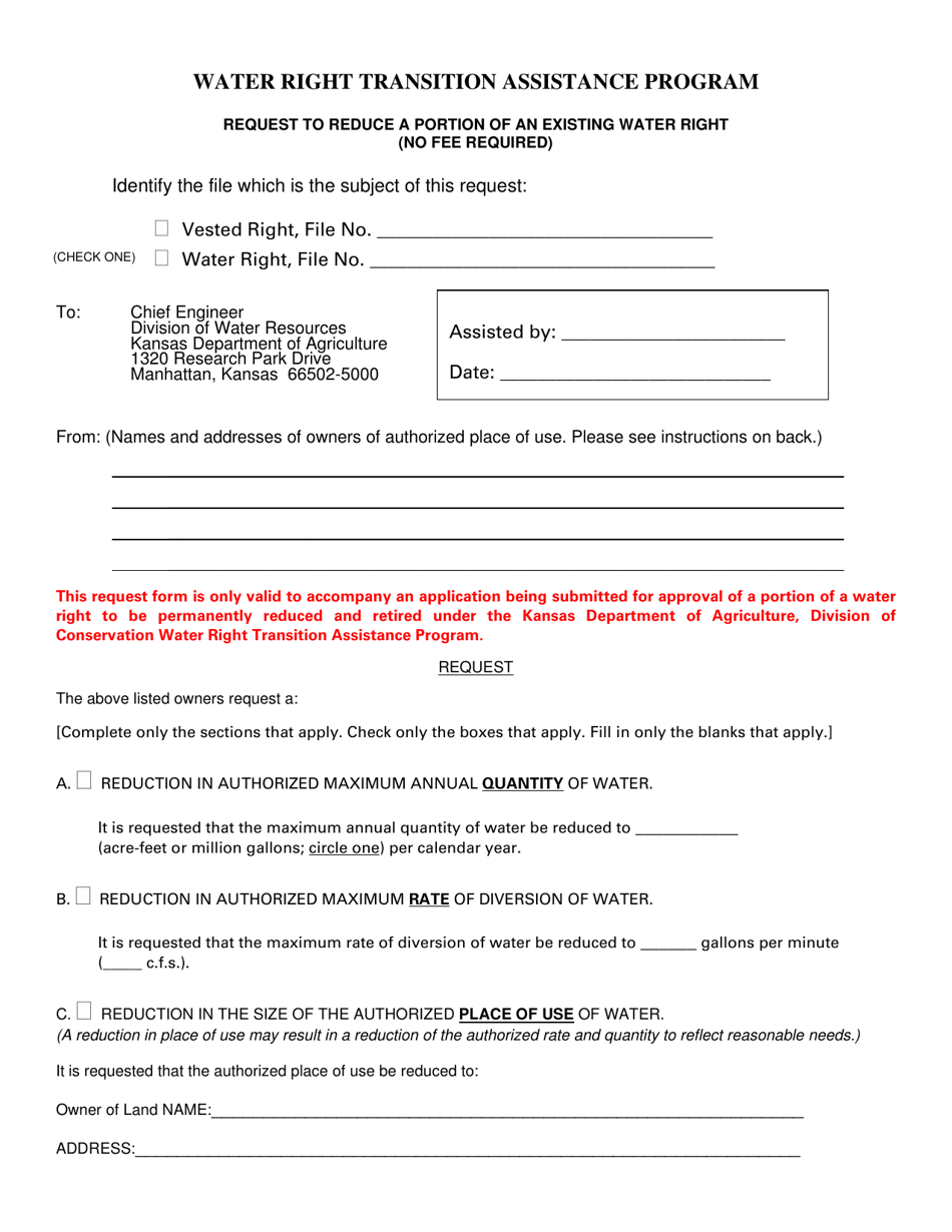 Request to Reduce a Portion of an Existing Water Right - Water Right Transition Assistance Program - Kansas, Page 1