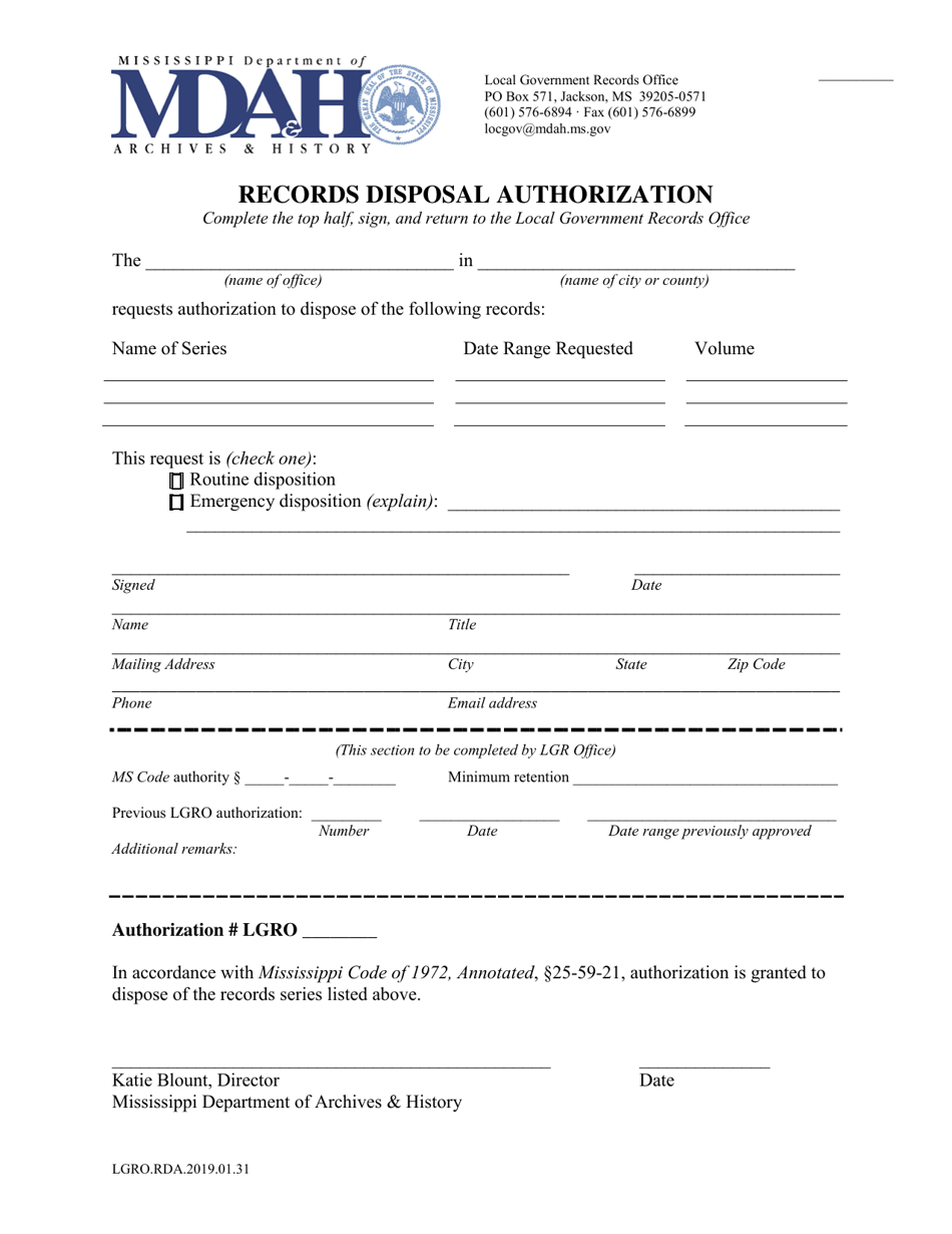Records Disposal Authorization - Mississippi, Page 1