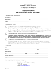 Document preview: Mississippi State Historic Preservation Tax Credit Statement of Intent - Mississippi